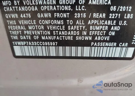 2012 Volkswagen Passat 2.5L Se из США, поврежденный, VIN 1VWBP7A33CC095997